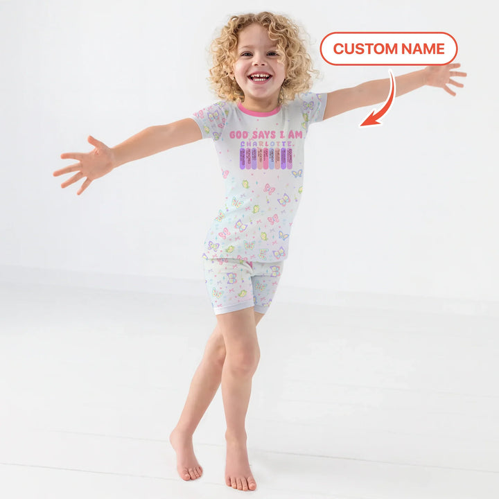 Personalized Butterfly Blessings God Says I Am Two Piece Short Sleeve Shorts Pajama Set , Personalized Butterfly Blessings God Says I Am Two Piece Short Sleeve Shorts Pajama Set - 12-18M