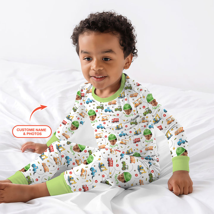 Custom Photo Little Construction Heroes Two Piece Long Sleeve Pajama Set