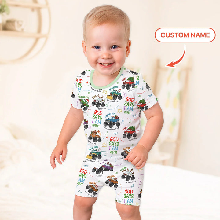 Personalized God Says I Am Christmas Monster Truck Two Piece Short Sleeve Shorts Pajama Set