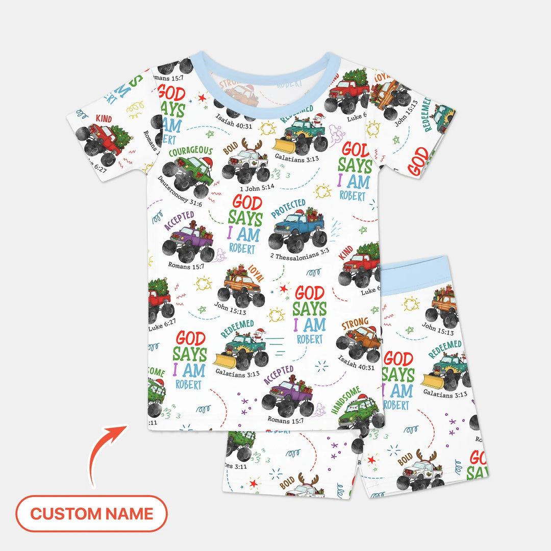 Personalized God Says I Am Christmas Monster Truck Two Piece Short Sleeve Shorts Pajama Set