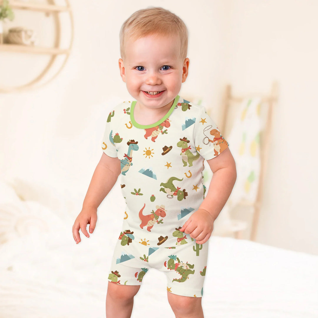 Christmas Cowboy Dinosaur Two Piece Short Sleeve Shorts Pajama Set