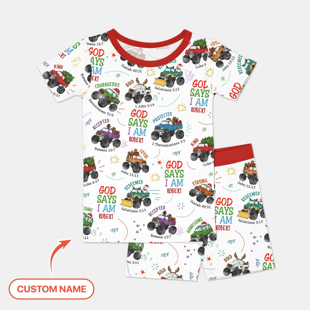 Personalized God Says I Am Christmas Monster Truck Two Piece Short Sleeve Shorts Pajama Set