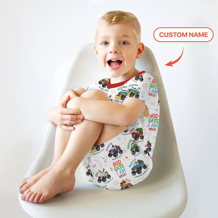 Personalized God Says I Am Christmas Monster Truck Two Piece Short Sleeve Shorts Pajama Set