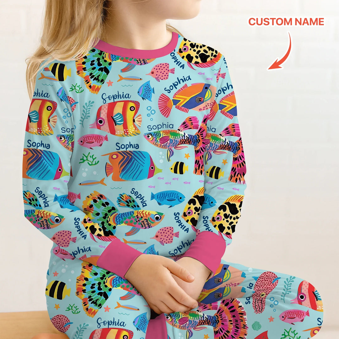 Custom Name Fish Dream Two Piece Long Sleeve Pajama Set , Custom Name Fish Dream Two Piece Long Sleeve Pajama Set - 12-18M
