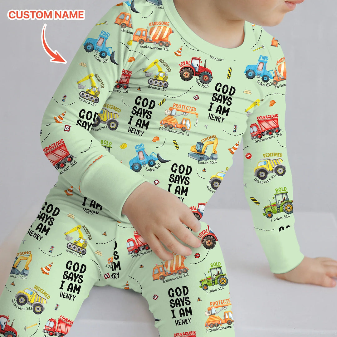 Custom Name God Says I Am Boy Two Piece Long Sleeve Pajama Set , Custom Name God Says I Am Boy Two Piece Long Sleeve Pajama Set - 12-18M