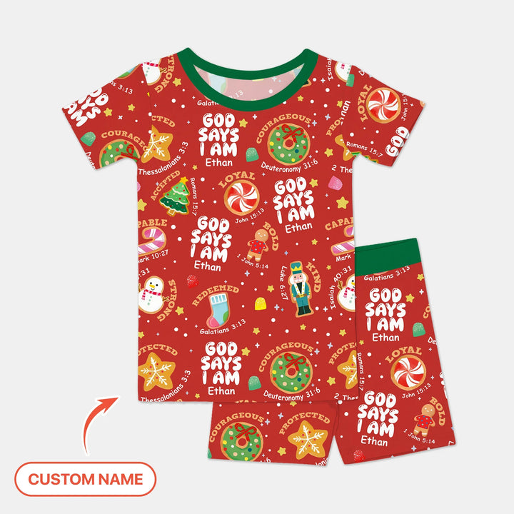 Merry Christmas God Says I Am Custom Name Two Piece Short Sleeve Shorts Pajama Set , Merry Christmas God Says I Am Custom Name Two Piece Short Sleeve Shorts Pajama Set - 12-18M