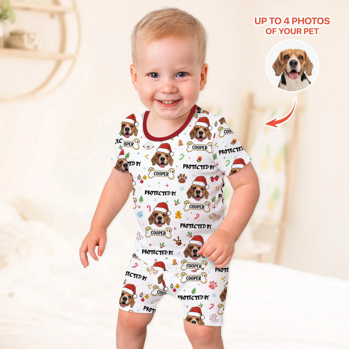 Custom Dog Photo "Protected By" Christmas Two Piece Short Sleeve Shorts Pajama Set , Custom Dog Photo "Protected By" Christmas Two Piece Short Sleeve Shorts Pajama Set - 12-18M