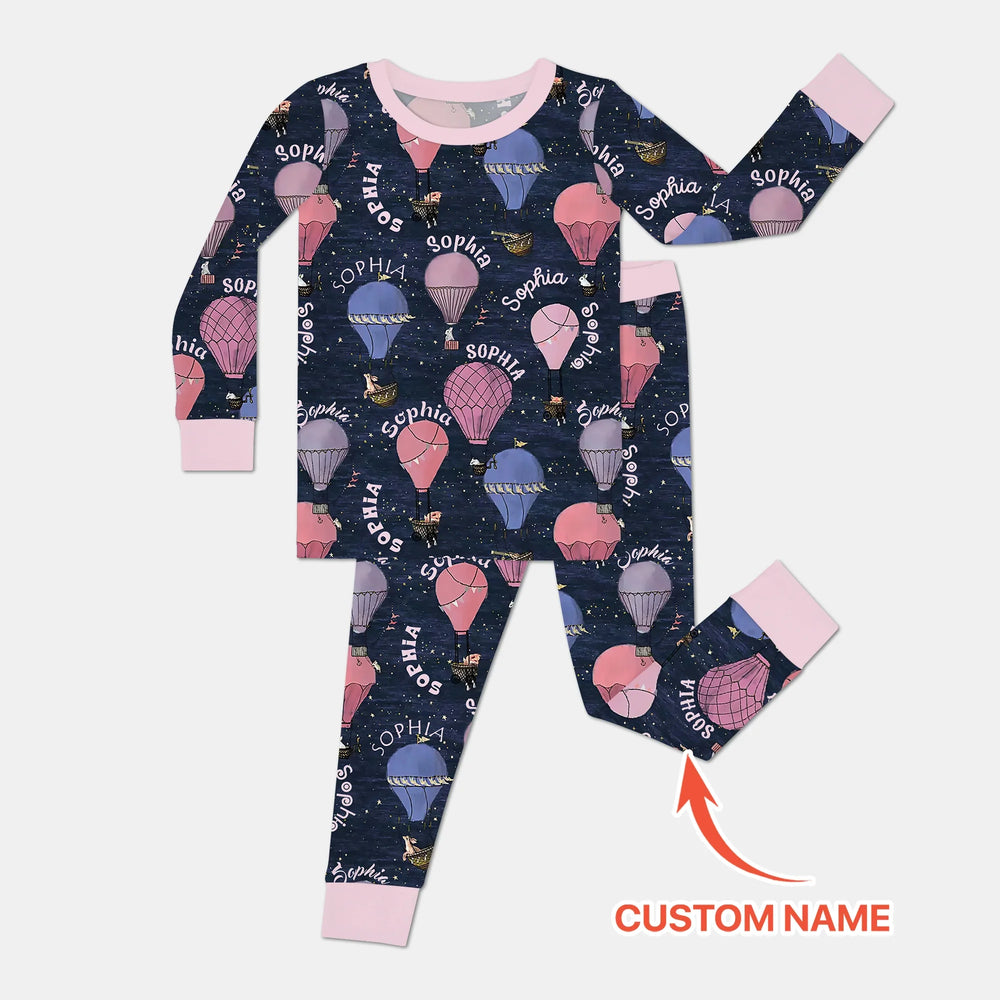 Custom Name Hot Air Balloon Pink Two Piece Long Sleeve Pajama Set , Custom Name Hot Air Balloon Pink Two Piece Long Sleeve Pajama Set - 12-18M