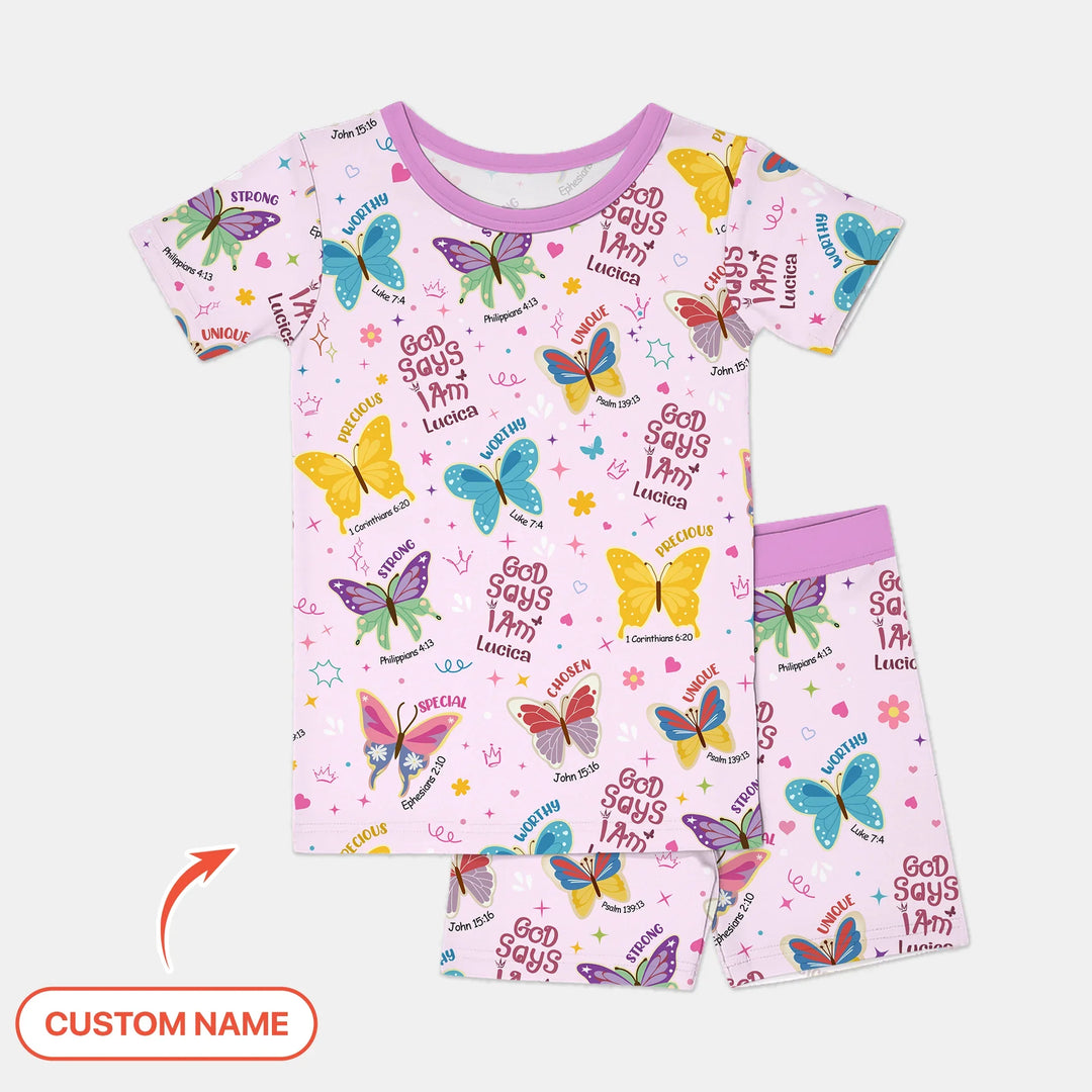 God Says I Am Custom Name Girl Two Piece Short Sleeve Short Pajama Set , God Says I Am Custom Name Girl Two Piece Short Sleeve Short Pajama Set - 12-18M