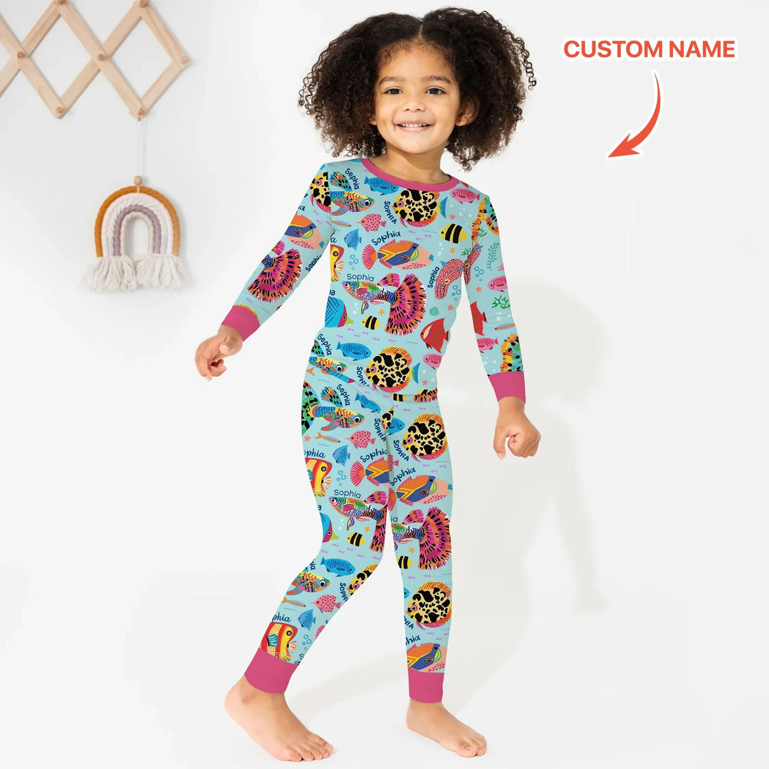 Custom Name Fish Dream Two Piece Long Sleeve Pajama Set , Custom Name Fish Dream Two Piece Long Sleeve Pajama Set - 12-18M