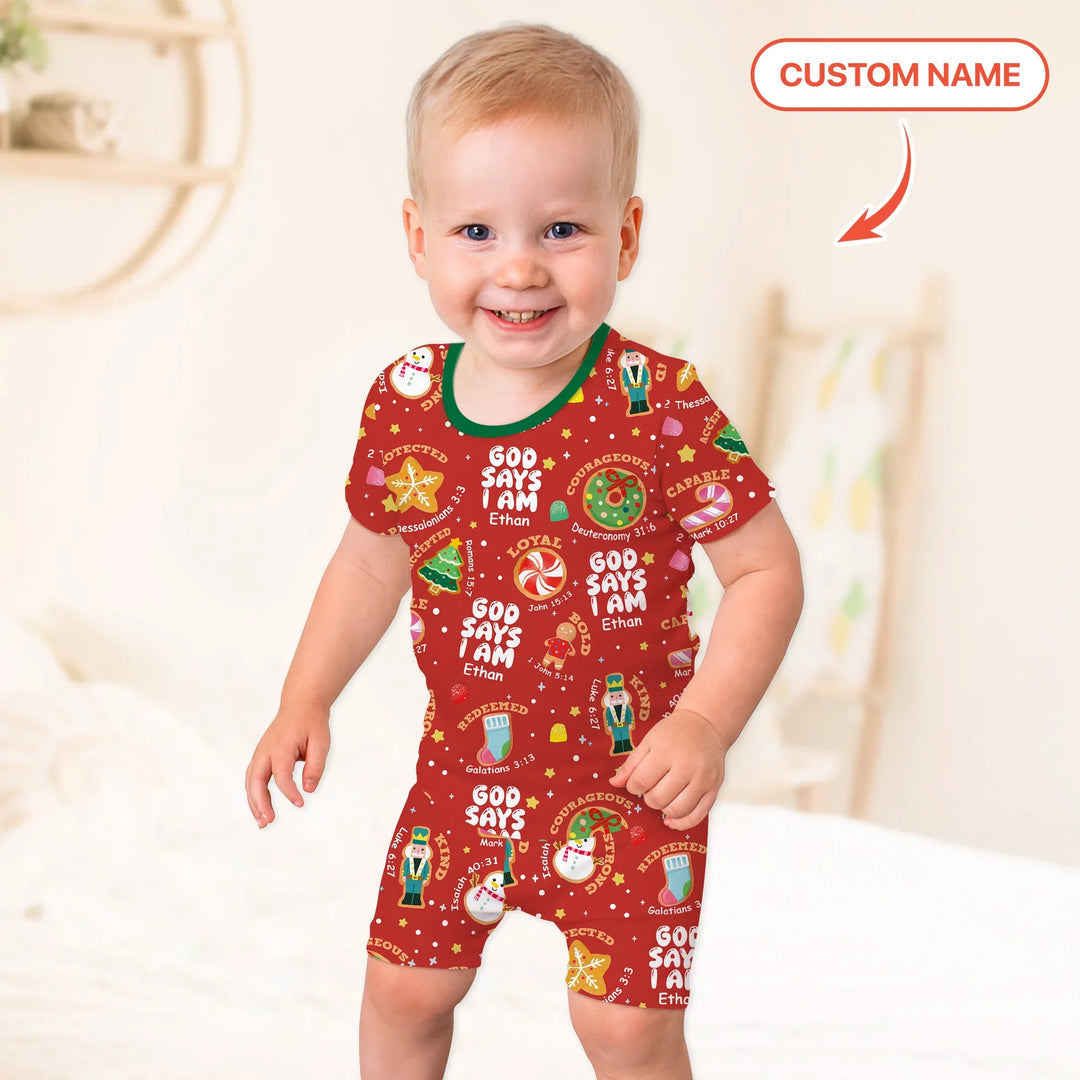Merry Christmas God Says I Am Custom Name Two Piece Short Sleeve Shorts Pajama Set , Merry Christmas God Says I Am Custom Name Two Piece Short Sleeve Shorts Pajama Set - 12-18M