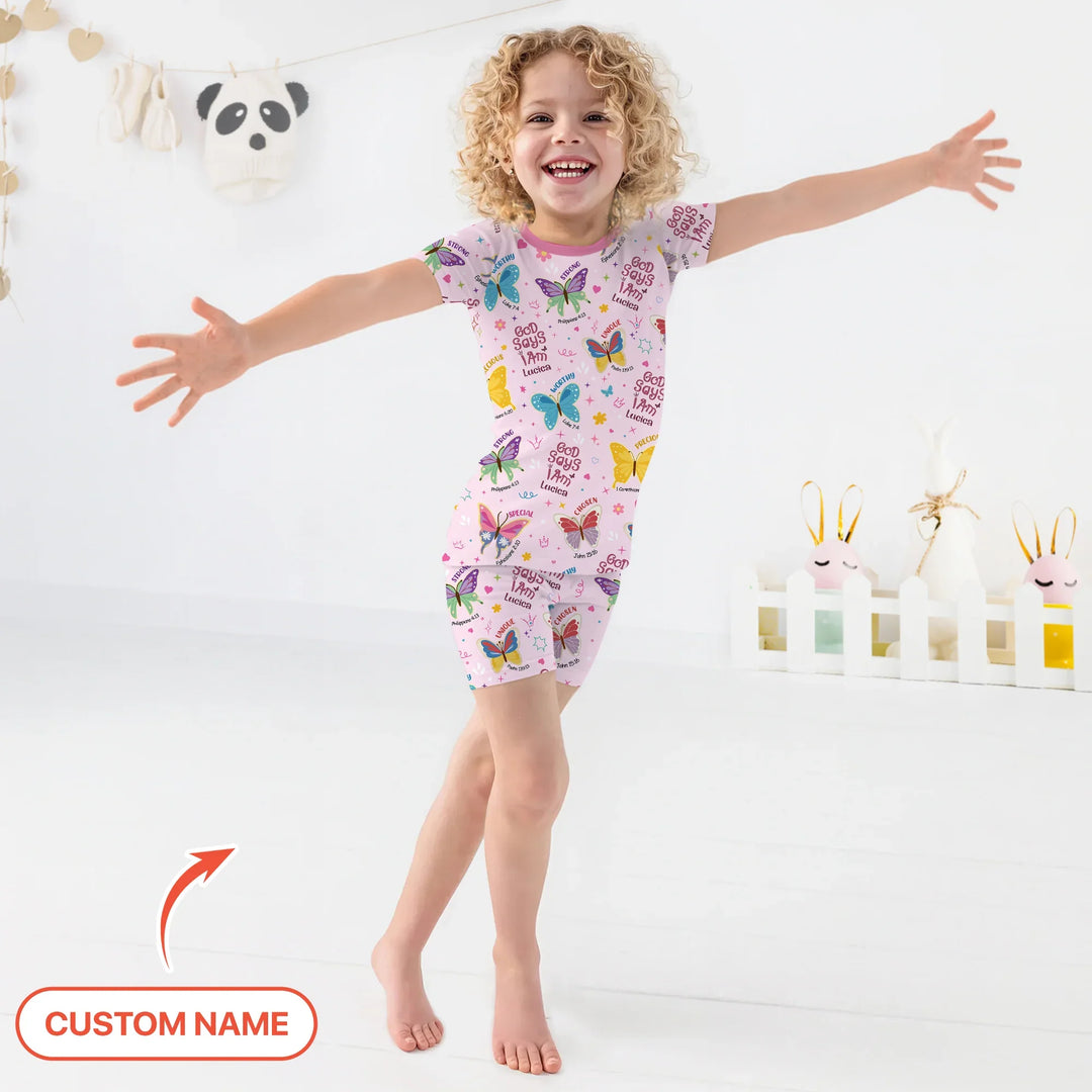 God Says I Am Custom Name Girl Two Piece Short Sleeve Short Pajama Set , God Says I Am Custom Name Girl Two Piece Short Sleeve Short Pajama Set - 12-18M