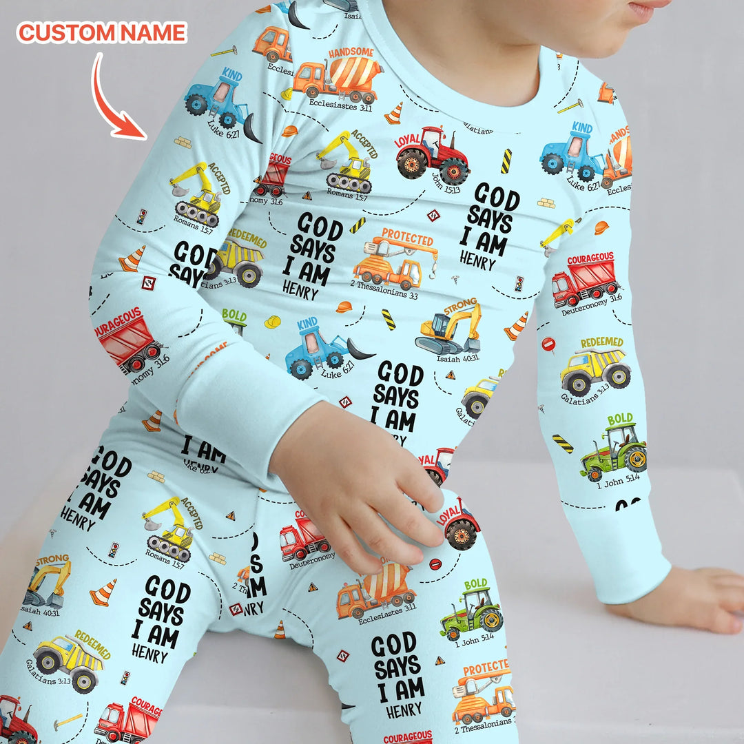 Custom Name God Says I Am Boy Two Piece Long Sleeve Pajama Set , Custom Name God Says I Am Boy Two Piece Long Sleeve Pajama Set - 12-18M