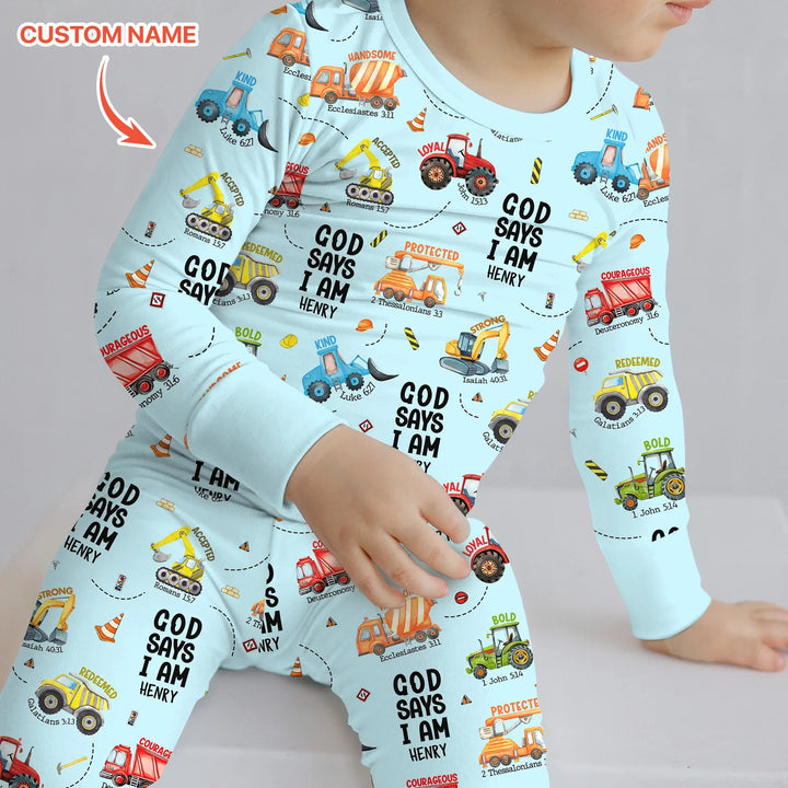 Custom Name God Says I Am Boy Two Piece Long Sleeve Pajama Set , Custom Name God Says I Am Boy Two Piece Long Sleeve Pajama Set - 12-18M