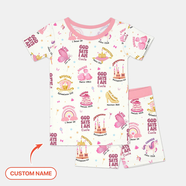 Custom Name God Says I Am Girl Short Sleeve Shorts Pajama Set , Custom Name God Says I Am Girl Short Sleeve Shorts Pajama Set - 12-18M