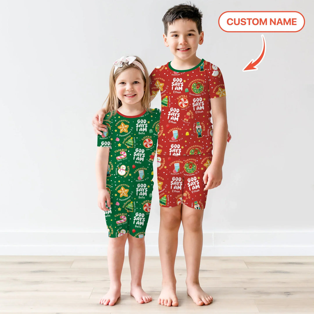 Merry Christmas God Says I Am Custom Name Two Piece Short Sleeve Shorts Pajama Set , Merry Christmas God Says I Am Custom Name Two Piece Short Sleeve Shorts Pajama Set - 12-18M
