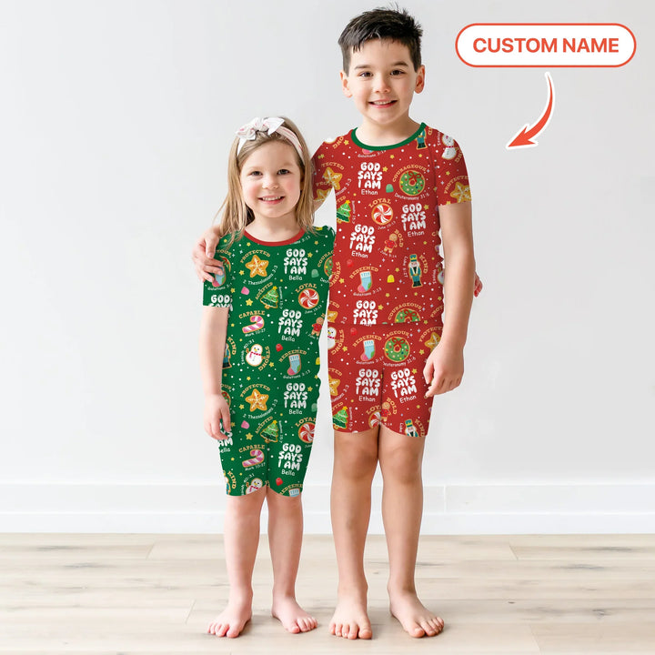 Merry Christmas God Says I Am Custom Name Two Piece Short Sleeve Shorts Pajama Set , Merry Christmas God Says I Am Custom Name Two Piece Short Sleeve Shorts Pajama Set - 12-18M