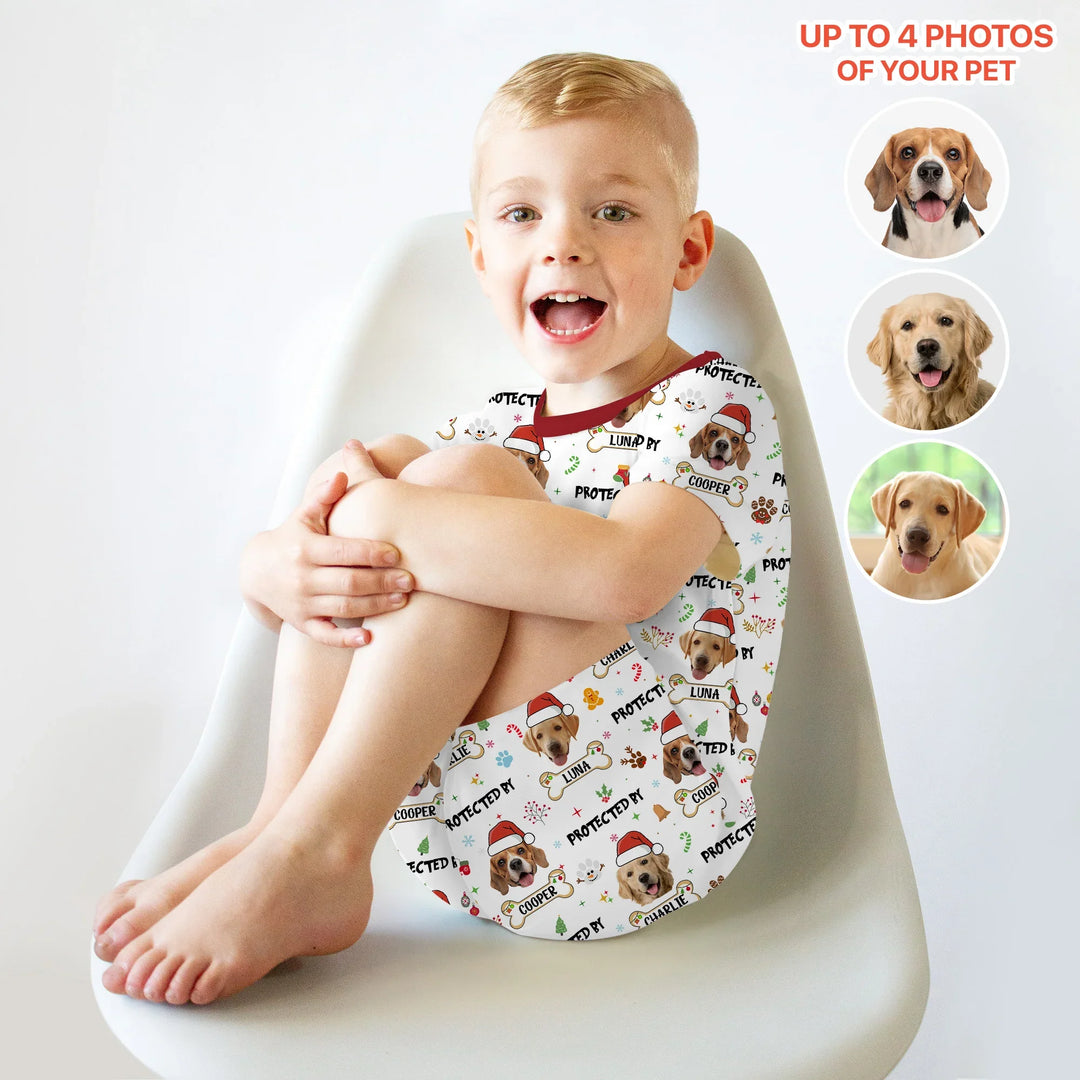 Custom Dog Photo "Protected By" Christmas Two Piece Short Sleeve Shorts Pajama Set , Custom Dog Photo "Protected By" Christmas Two Piece Short Sleeve Shorts Pajama Set - 12-18M