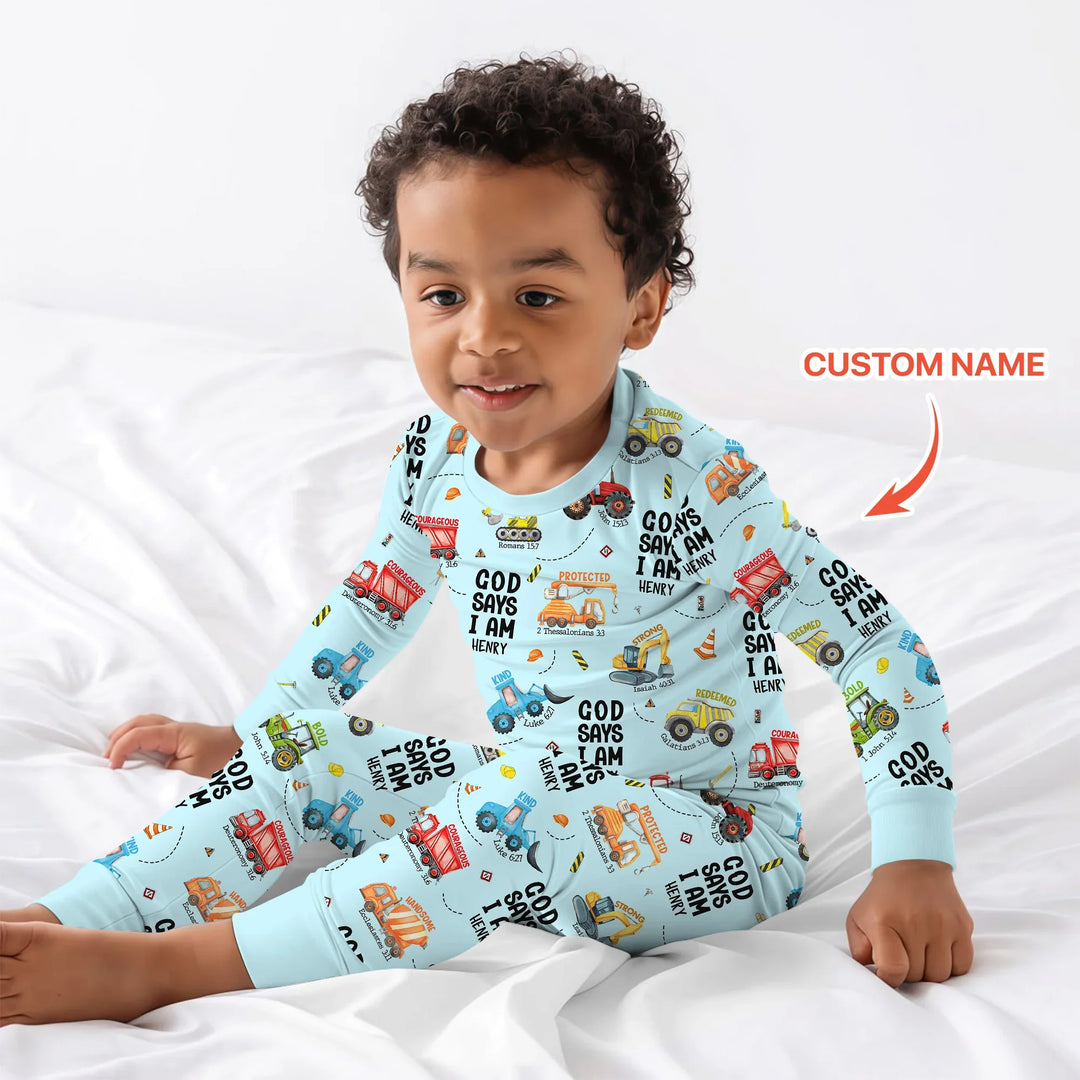 Custom Name God Says I Am Boy Two Piece Long Sleeve Pajama Set , Custom Name God Says I Am Boy Two Piece Long Sleeve Pajama Set - 12-18M