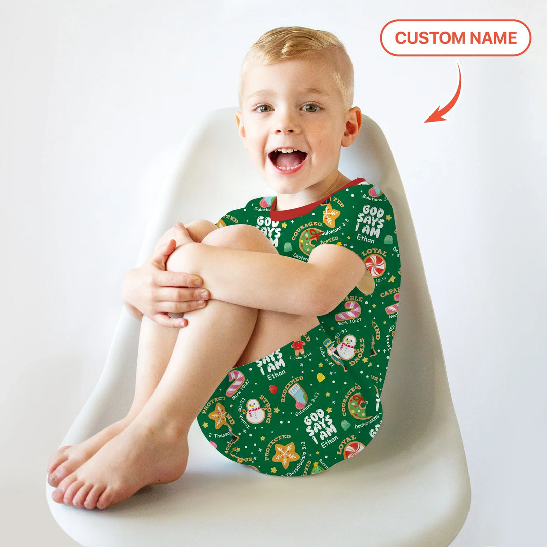 Merry Christmas God Says I Am Custom Name Two Piece Short Sleeve Shorts Pajama Set , Merry Christmas God Says I Am Custom Name Two Piece Short Sleeve Shorts Pajama Set - 12-18M