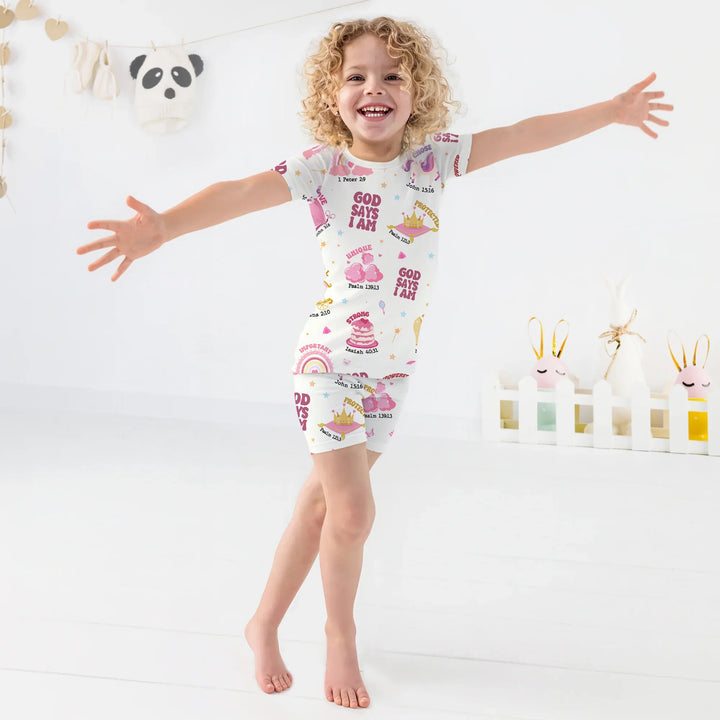 God Says I Am Girl Two Piece Short Sleeve Shorts Pajama Set , God Says I Am Girl Two Piece Short Sleeve Shorts Pajama Set - 12-18M / White