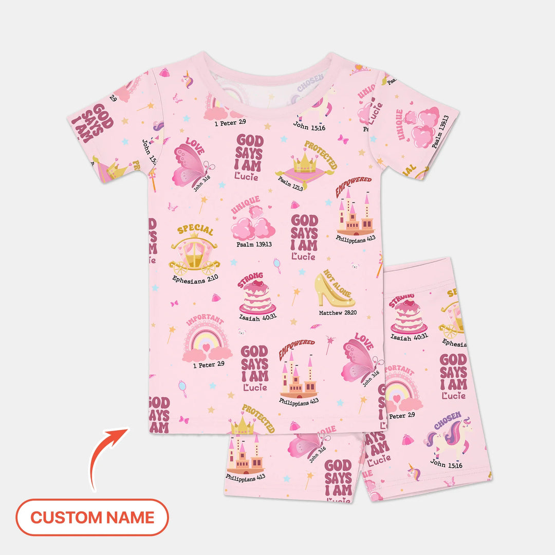 Custom Name God Says I Am Girl Short Sleeve Shorts Pajama Set , Custom Name God Says I Am Girl Short Sleeve Shorts Pajama Set - 12-18M