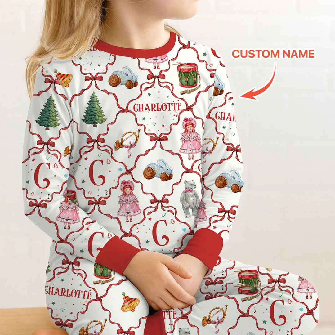 Vintage Christmas Toy Custom Name Girl Two Piece Long Sleeve Pajama Set , Vintage Christmas Toy Custom Name Girl Two Piece Long Sleeve Pajama Set - 12-18M