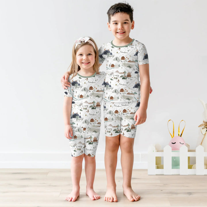 Camping Route Map Two Piece Short Sleeve Shorts Pajama Set , Camping Route Map Two Piece Short Sleeve Shorts Pajama Set - 12-18M