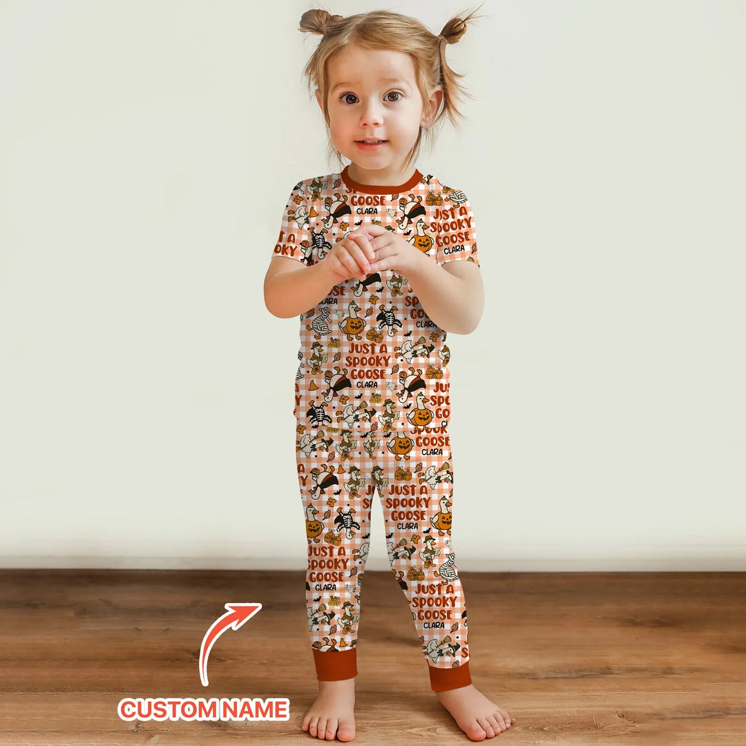 Just A Spooky Goose Custom Name Girl Version Two Piece Short Sleeve Pajama Set , Just A Spooky Goose Custom Name Girl Version Two Piece Short Sleeve Pajama Set - 12-18M
