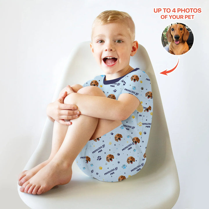 Custom Dog Photos "Protected By" Pawfect Blue Two Piece Short Sleeve Shorts Pajama Set , Custom Dog Photos "Protected By" Pawfect Blue Two Piece Short Sleeve Shorts Pajama Set - 12-18M