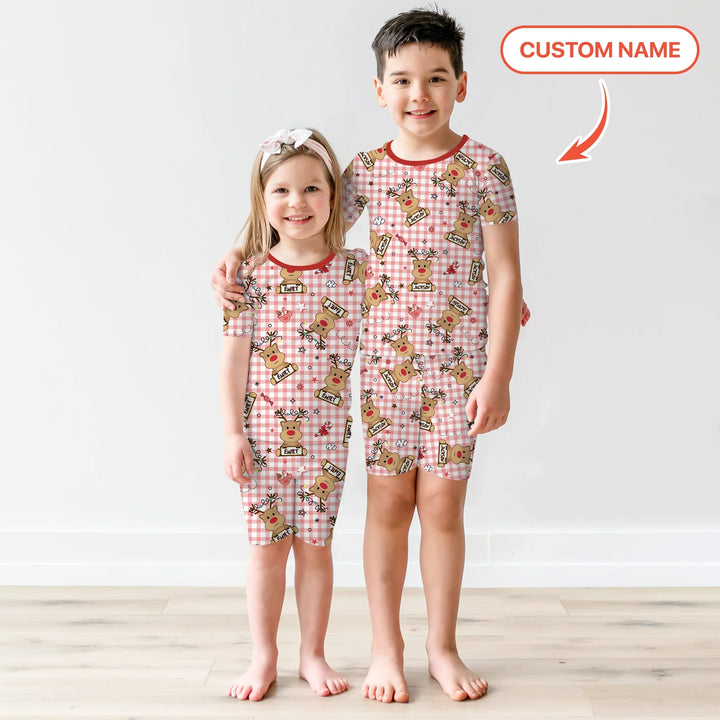 Custom Name Reindeer Gingham Two Piece Short Sleeve Shorts Pajama Set , Custom Name Reindeer Gingham Two Piece Short Sleeve Shorts Pajama Set - 12-18M