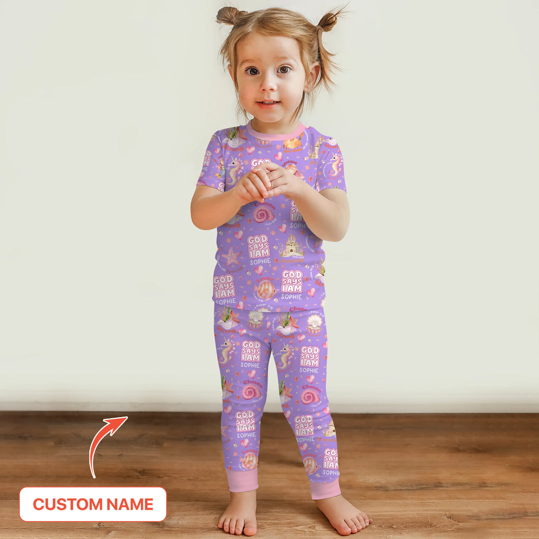 Mermaid God Says I Am Custom Name Two Piece Short Sleeve Pajama Set , Mermaid God Says I Am Custom Name Two Piece Short Sleeve Pajama Set - 12-18M