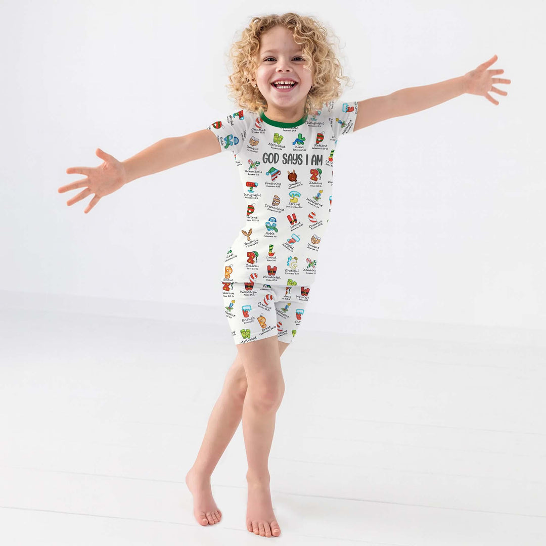 Christmas God Say I Am Alphabet Two Piece Short Sleeve Pajama Set , Christmas God Say I Am Alphabet Two Piece Short Sleeve Pajama Set - 12-18M / Green / Girl