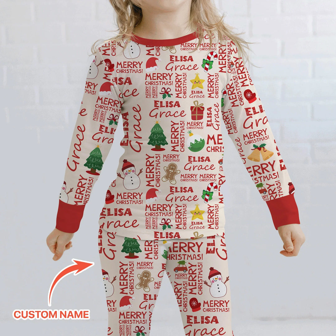 Custom Name Merry Christmas Two Piece Long Sleeve Pajama Set , Custom Name Merry Christmas Two Piece Long Sleeve Pajama Set - 12-18M