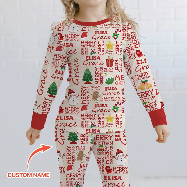 Custom Name Merry Christmas Two Piece Long Sleeve Pajama Set , Custom Name Merry Christmas Two Piece Long Sleeve Pajama Set - 12-18M