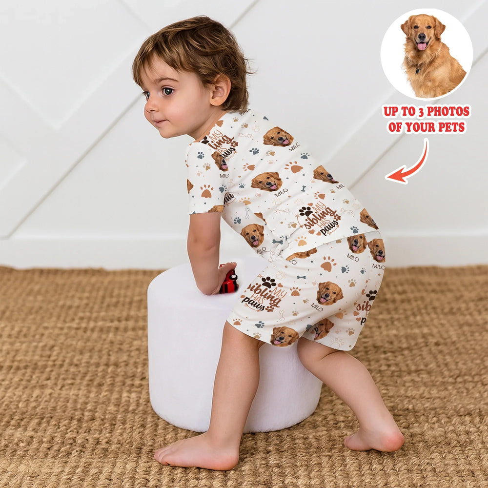 My Siblings Have Paws Upload Photo Two Piece Short Sleeve Shorts Pajama Set , My Siblings Have Paws Upload Photo Two Piece Short Sleeve Shorts Pajama Set - 12-18M