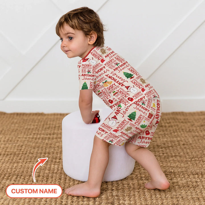 Custom Name Merry Christmas Two Piece Short Sleeve Shorts Pajama Set , Custom Name Merry Christmas Two Piece Short Sleeve Shorts Pajama Set - 12-18M