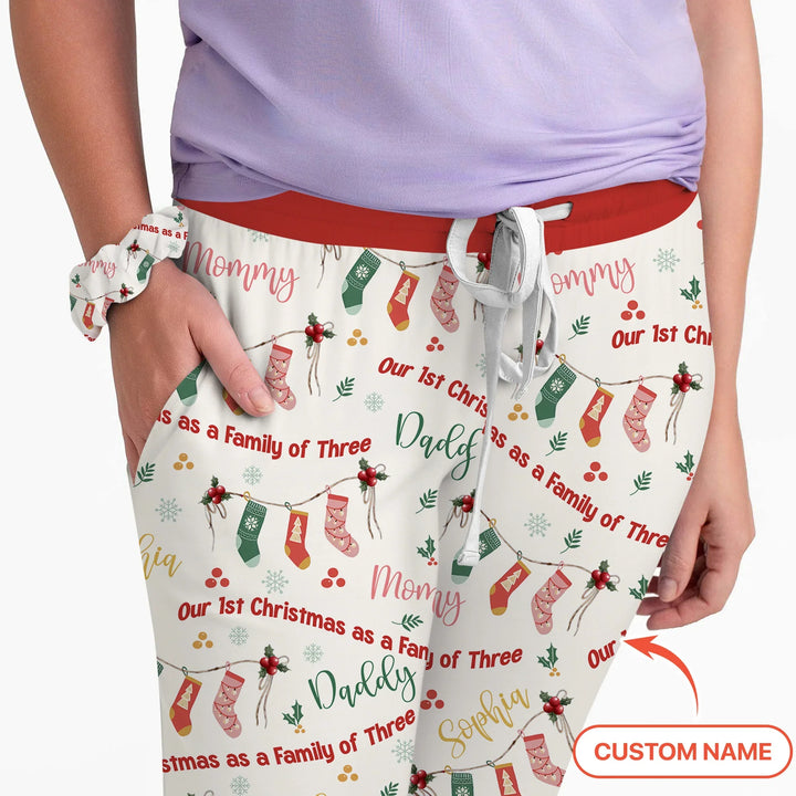 Benutzerdefinierter Name Mama Mini Passendes Weihnachts-Pyjama-Set für Damen (Rosa)