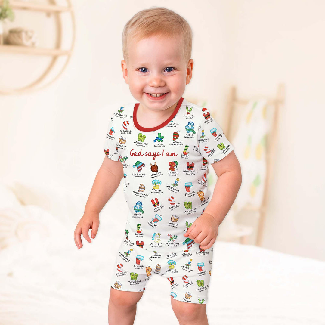 Christmas God Say I Am Alphabet Two Piece Short Sleeve Pajama Set , Christmas God Say I Am Alphabet Two Piece Short Sleeve Pajama Set - 12-18M / Red / Boy