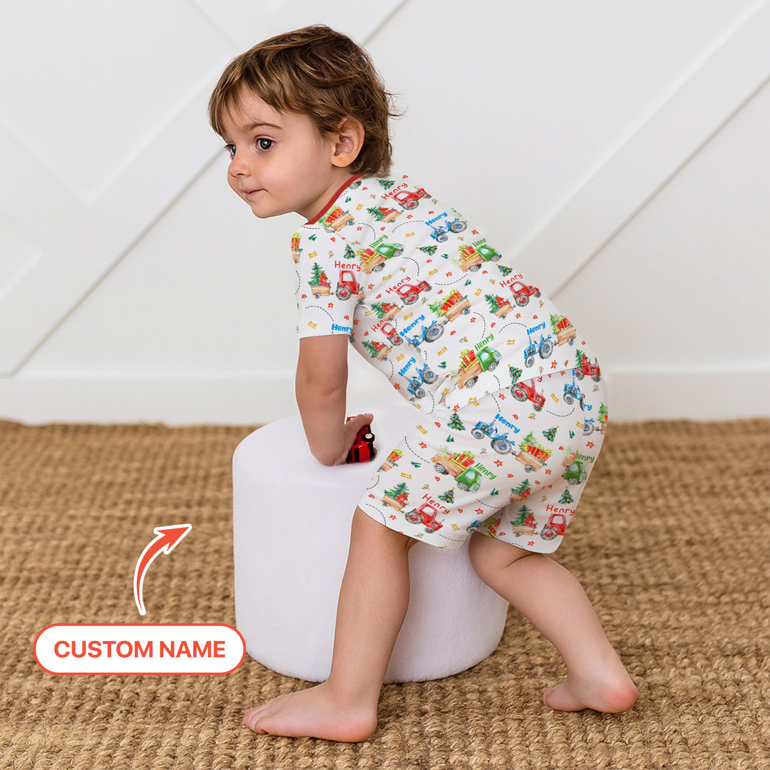 Santa's Little Builders Custom Name Two Piece Short Sleeve Shorts Pajama Set