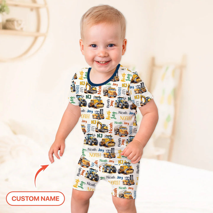 Custom Name Construction Trucks Two Piece Short Sleeve Shorts Pajama Set , Custom Name Construction Trucks Two Piece Short Sleeve Shorts Pajama Set - 12-18M