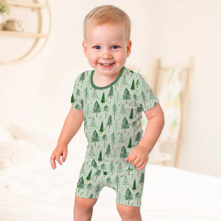 Green Christmas Tree Farm Two Piece Short Sleeve Shorts Pajama Set , Green Christmas Tree Farm Two Piece Short Sleeve Shorts Pajama Set - 12-18M