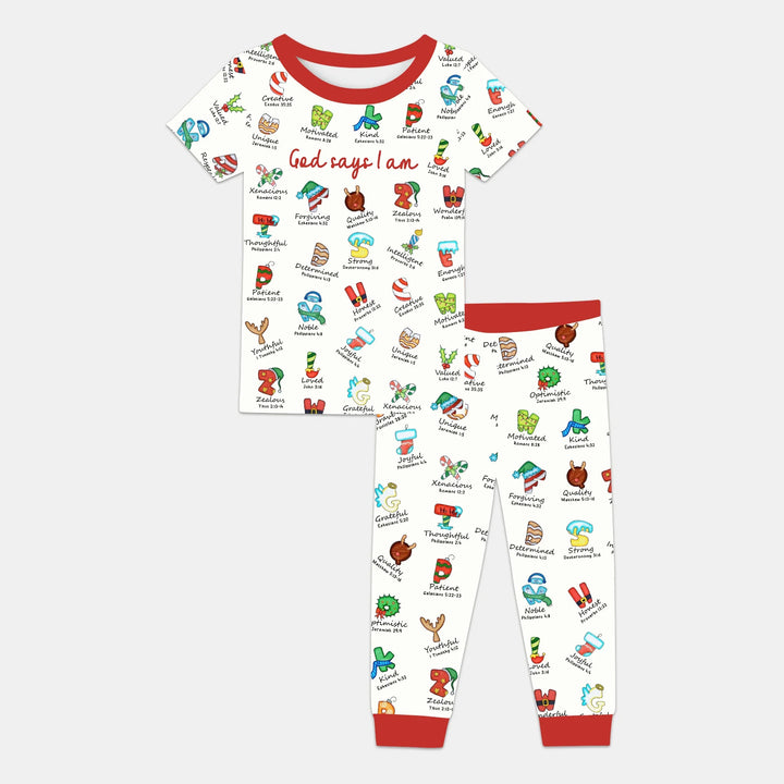 Christmas God Say I Am Alphabet Short Sleeve Pajama Set , Christmas God Say I Am Alphabet Short Sleeve Pajama Set - 12-18M / Red / Girl