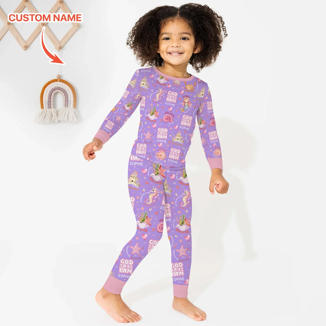 Mermaid God Says I Am Custom Name Two Piece Long Sleeve Pajama Set , Mermaid God Says I Am Custom Name Two Piece Long Sleeve Pajama Set - 12-18M