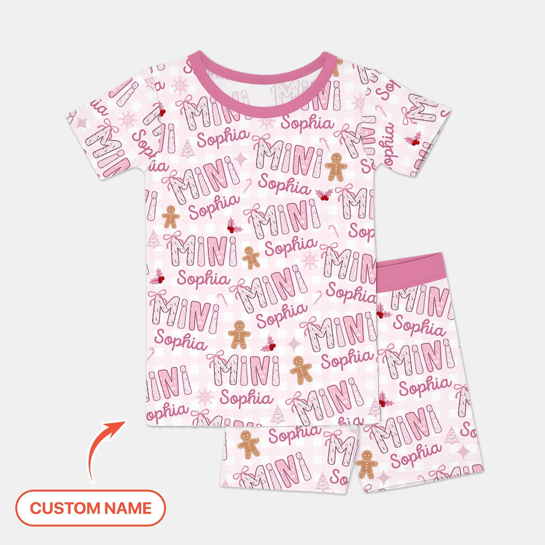Custom Name Mama Mini Matching Christmas Two Piece Short Sleeve Shorts Pajama Set (Pink) , Custom Name Mama Mini Matching Christmas Two Piece Short Sleeve Shorts Pajama Set (Pink) - 12-18M