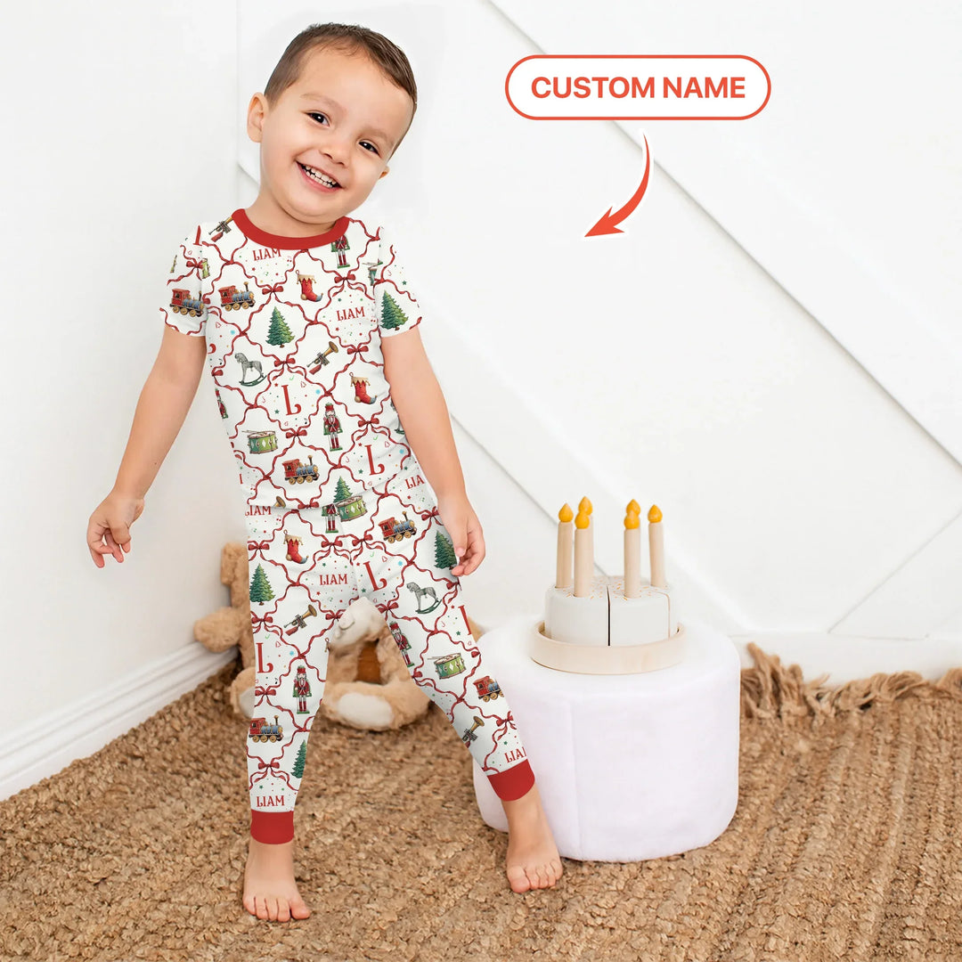 Vintage Christmas Toy Custom Name Boy Two Piece Short Sleeve Pajama Set , Vintage Christmas Toy Custom Name Boy Two Piece Short Sleeve Pajama Set - 12-18M