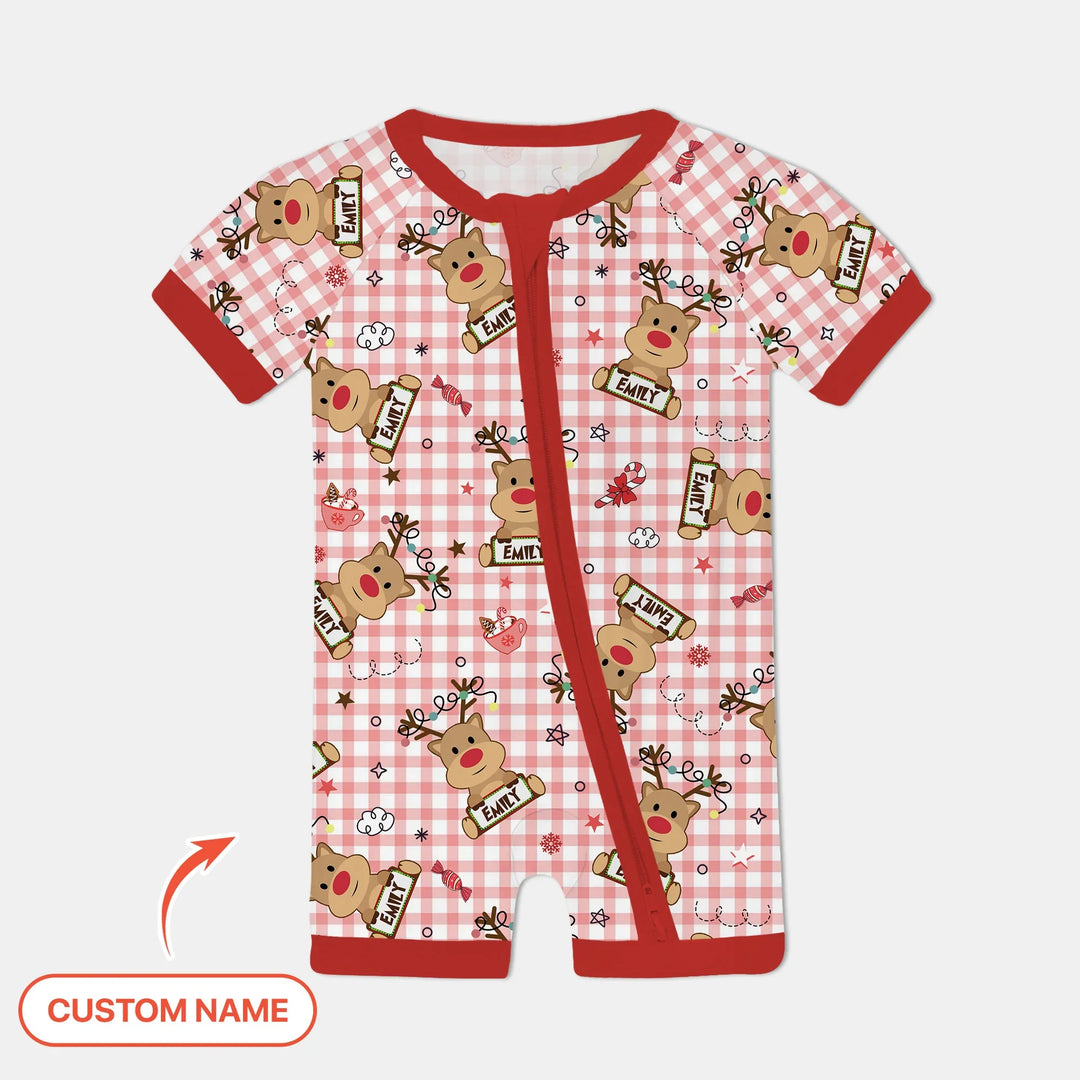 Custom Name Reindeer Gingham Shorty Zippy , Custom Name Reindeer Gingham Shorty Zippy - 0-3M