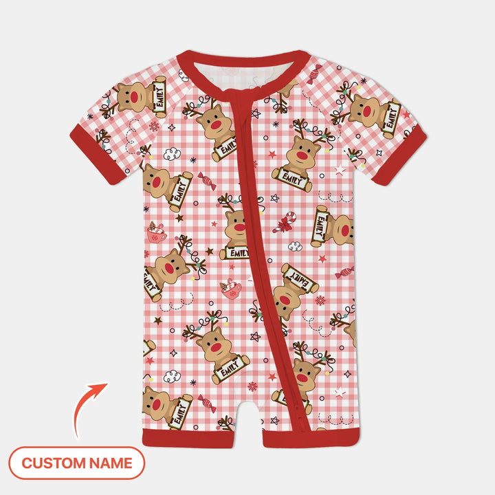 Custom Name Reindeer Gingham Shorty Zippy , Custom Name Reindeer Gingham Shorty Zippy - 0-3M