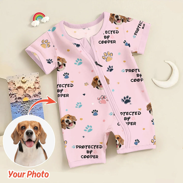 Custom Dog Photo Pattern "Protected By" Shorty Zippered Romper , Custom Dog Photo Pattern "Protected By" Shorty Zippered Romper - 0-3M
