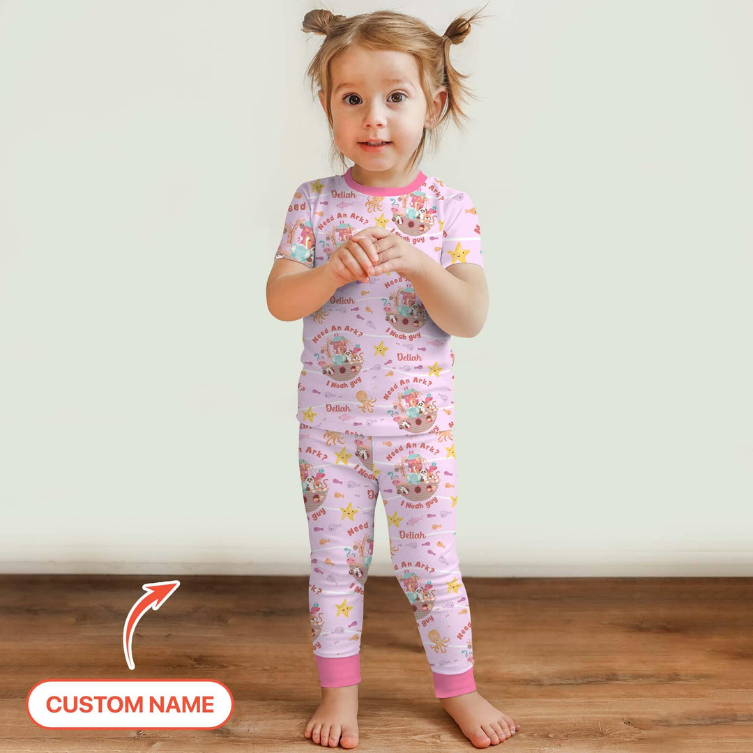 Noah’s Ark Custom Name Girl Two Piece Short Sleeve Pajama Set , Noah’s Ark Custom Name Girl Two Piece Short Sleeve Pajama Set - 12-18M